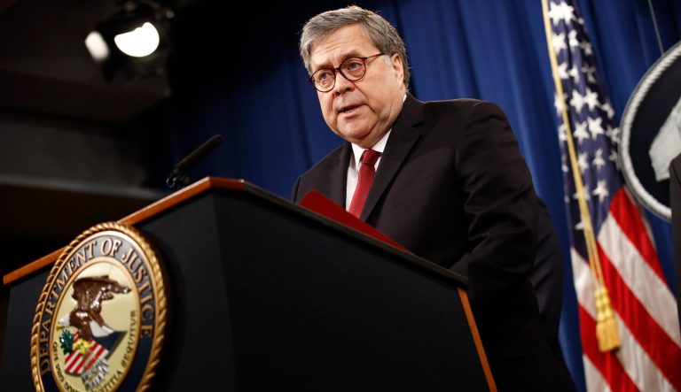 Attorney General William Barr speaks about the release of a redacted version of special counsel Robert Mueller's report during a news conference, Thursday, April 18, 2019, at the Department of Justice in Washington. 