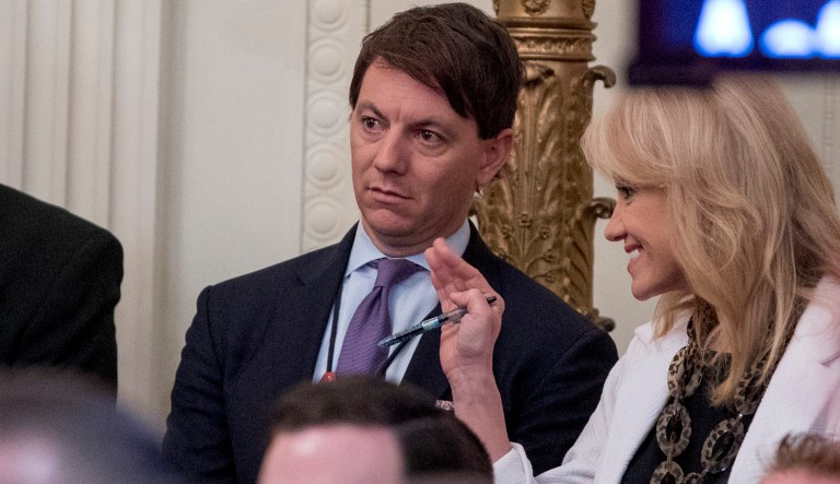Deputy White House press secretary Hogan Gidley and counselor to the President Kellyanne Conway attend a Wounded Warrior Project Soldier Ride event in the East Room of the White House, Thursday, April 18, 2019, in Washington.