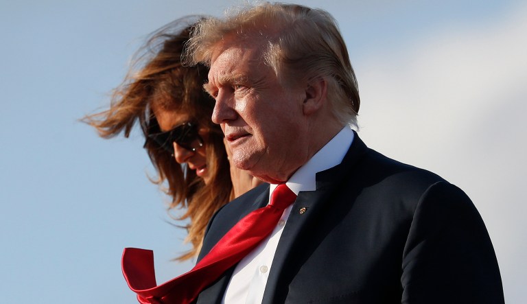 President Donald Trump and first lady Melania Trump, walk down the stairs of Air Force One during their arrival at Palm Beach International Airport, Thursday, April 18, 2019, in West Palm Beach, Fla. Trump traveled to Florida to spend the Easter weekend as his Mar-a-Lago estate.