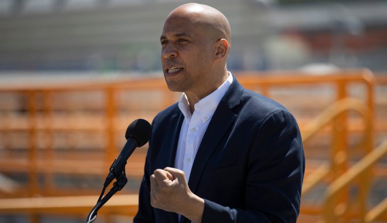 Democratic presidential candidate Sen. Cory Booker talks to reporters during his visit to the Hyperion Water Reclamation PlantMonday, April 22, 2019, in the Playa del Rey section of Los Angeles. 