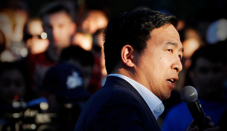 Democratic presidential candidate and entrepreneur Andrew Yang speaks at a campaign event.