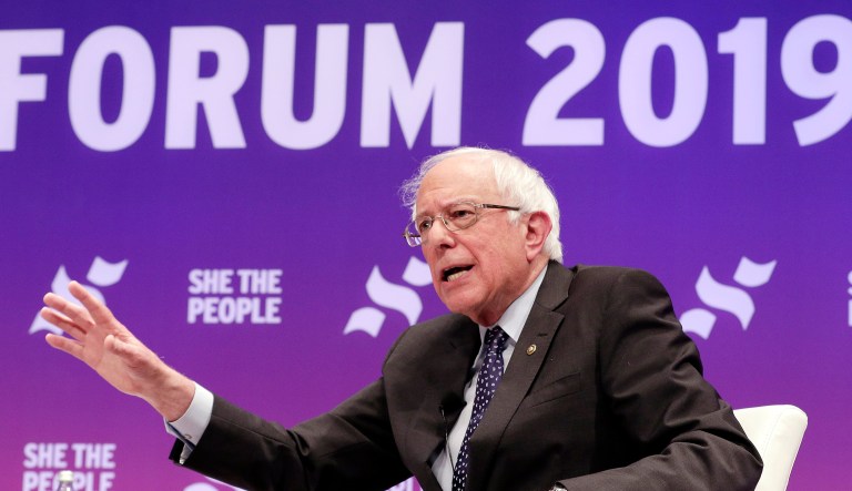 Democratic presidential candidate Sen. Bernie Sanders, I-Vt., answers questions during a presidential forum held by She The People on the Texas State University campus Wednesday, April 24, 2019, in Houston.