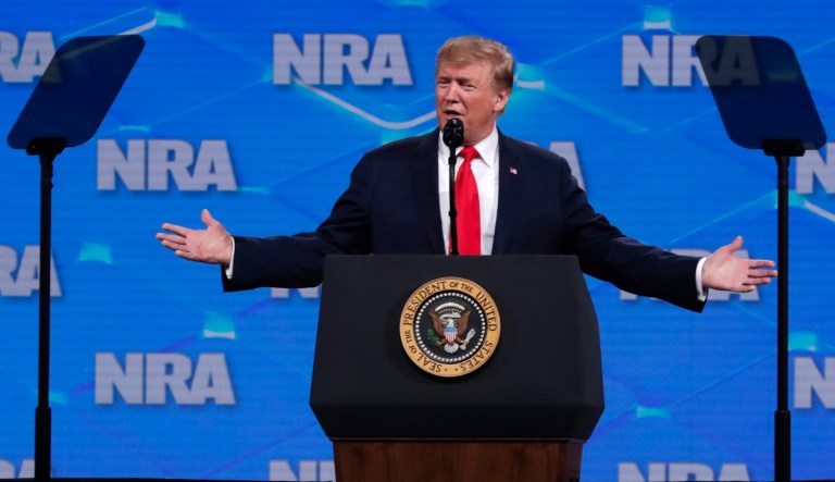 President Donald Trump speaks at the National Rifle Association annual meeting in Lucas Oil Stadium in Indianapolis, Friday, April 26, 2019.