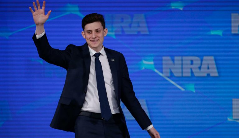 Kyle Kashuv, survivor of the Stoneman Douglas High School shooting, speaks at the National Rifle Association Institute for Legislative Action Leadership Forum in Lucas Oil Stadium in Indianapolis, Friday, April 26, 2019. 