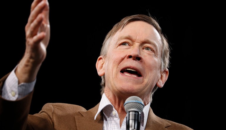 Democratic president candidate and former Colorado Gov. John Hickenlooper speaks at a Service Employees International Union forum on labor issues, Saturday, April 27, 2019, in Las Vegas.
