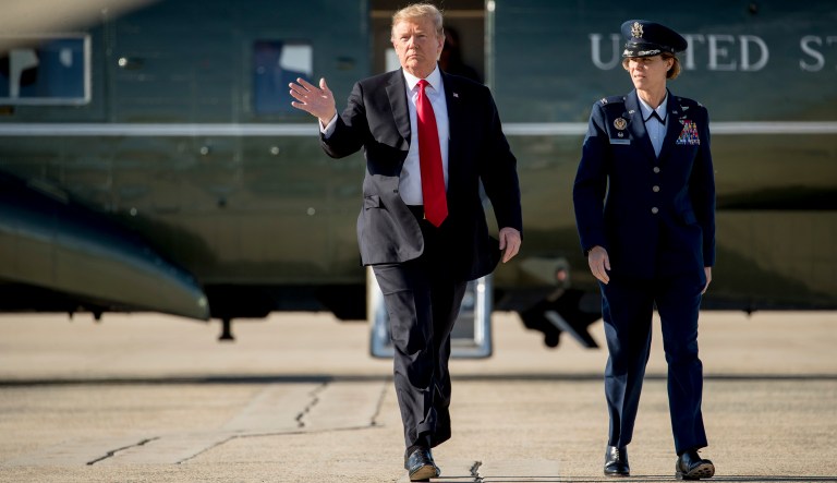President Donald Trump walks across the tarmac to board Air Force One at Andrews Air Force Base, Md., Saturday, April 27, 2019, to travel to Green Bay, Wis. for a rally.