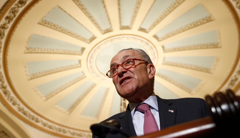 Senate Minority Leader Sen. Chuck Schumer of N.Y. speaks to members of the news media following a Senate policy luncheon, Tuesday, April 30, 2019, on Capitol Hill in Washington.