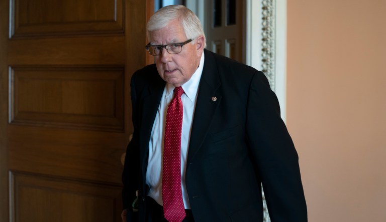 Sen. Mike Enzi, R-Wyo., chairman of the Senate Budget Committee, emerges from a meeting with fellow Republicans, at the Capitol in Washington, Tuesday, April 30, 2019.