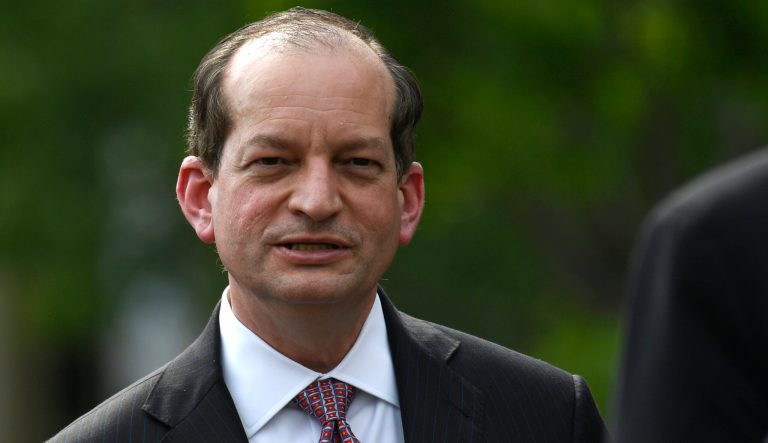 Labor Secretary Alex Acosta attends an event with President Donald Trump on the South Lawn of the White House in Washington, Tuesday, April 30, 2019. 