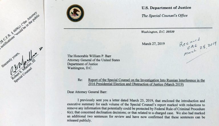The letter special counsel Robert Mueller sent to Attorney General William Barr on March 27, 2019 in Washington.  