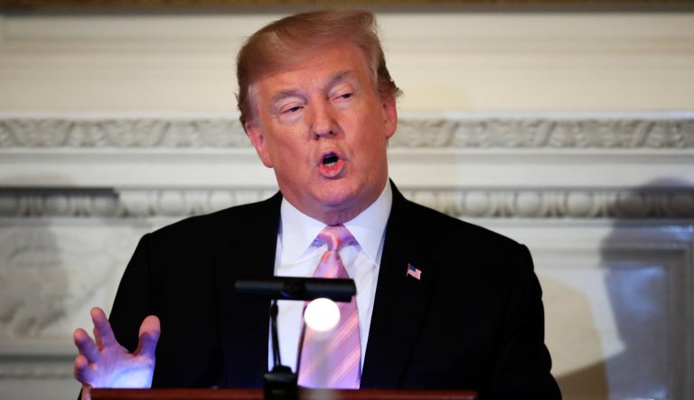 President Donald Trump speaks in the State Dining Room of the White House in Washington, Wednesday, May 1, 2019. 