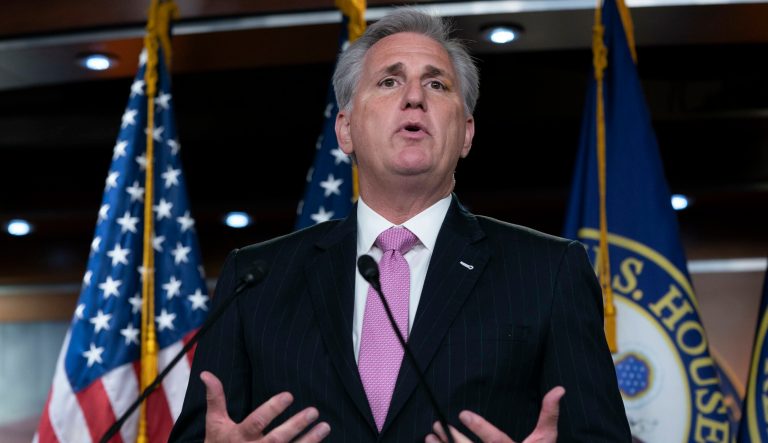 House Republican Leader Kevin McCarthy, D-Calif., speaks to the media at a news conference on Capitol Hill in Washington, Thursday, May 2, 2019. 