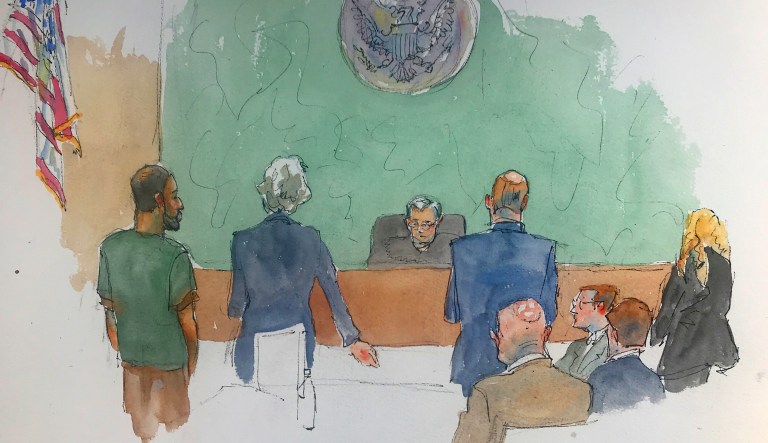 In this courtroom drawing, Najibullah Zazi, left appears at federal court in the Brooklyn borough of New York, Thursday, May 2, 2019, where he was sentenced to ten years in prison for plotting to bomb the New York subway system in 2009. The admitted al-Qaida recruit faced the possibility of life in prison but federal prosecutors say that Zazi provided "extraordinary" assistance to U.S. counterterrorism authorities. The 10-year prison term means Zazi could be released from prison soon.