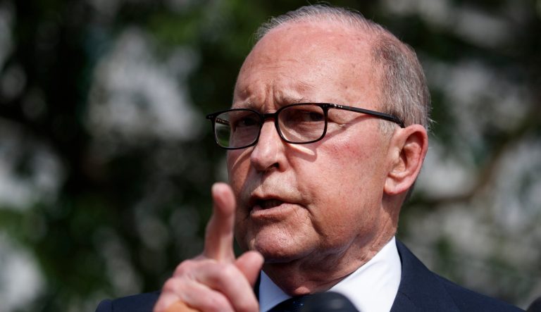 White House chief economic adviser Larry Kudlow speaks with reporters outside the White House, Friday, May 3, 2019, in Washington. 