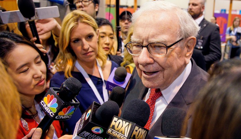 Warren Buffett, Chairman and CEO of Berkshire Hathaway, speaks to reporters during a tour of the CHI Health convention center where various Berkshire Hathaway companies display their products, before presiding over the annual shareholders meeting in Omaha, Neb., Saturday, May 4, 2019.