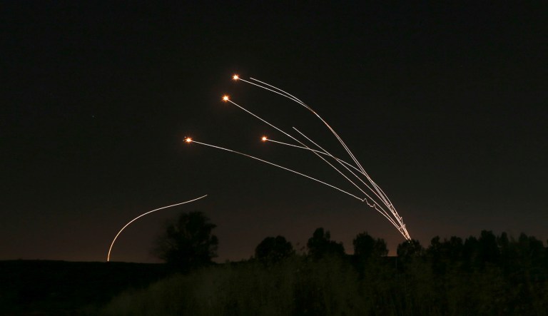 Israeli air defense system Iron Dome takes out rockets fired from Gaza near Sderot, Israel.