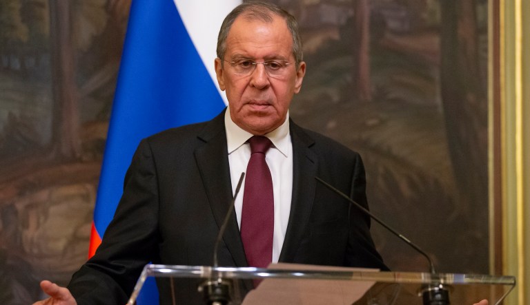 Russian Foreign Minister Sergey Lavrov gestures while speaking during a joint news conference with Venezuelan Foreign Minister Jorge Arreaza followed their talks in Moscow, Russia, Sunday, May 5, 2019.
