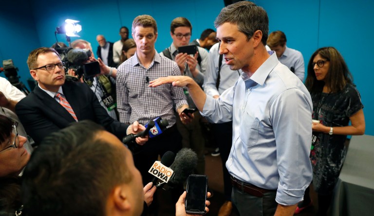 Democratic presidential candidate and former Texas Congressman Beto O'Rourke speaks to reporters following a roundtable discussion on climate change, Monday, May 6, 2019, in Des Moines, Iowa.