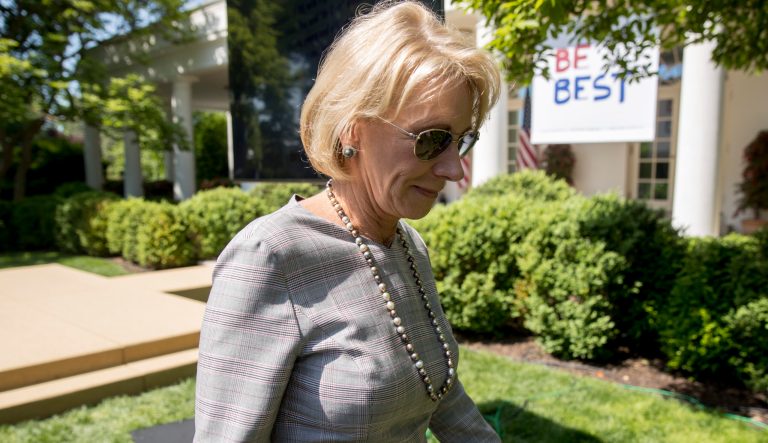 Education Secretary Betsy DeVos arrives for a one year anniversary event for the first lady's Be Best initiative in the Rose Garden of the White House, Tuesday, May 7, 2019, in Washington.