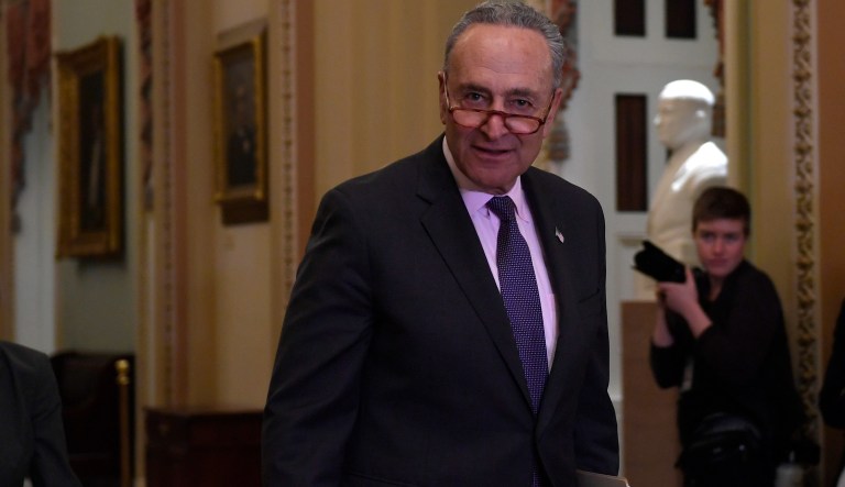 Senate Minority Leader Sen. Chuck Schumer of N.Y., arrives to speak to reporters following the weekly policy lunch on Capitol Hill in Washington, Tuesday, May 7, 2019.