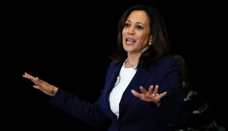 In this May 6, 2019, photo, Democratic presidential candidate Sen. Kamala Harris, D-Calif., speaks during a town hall for the American Federation of Teachers in Detroit. 