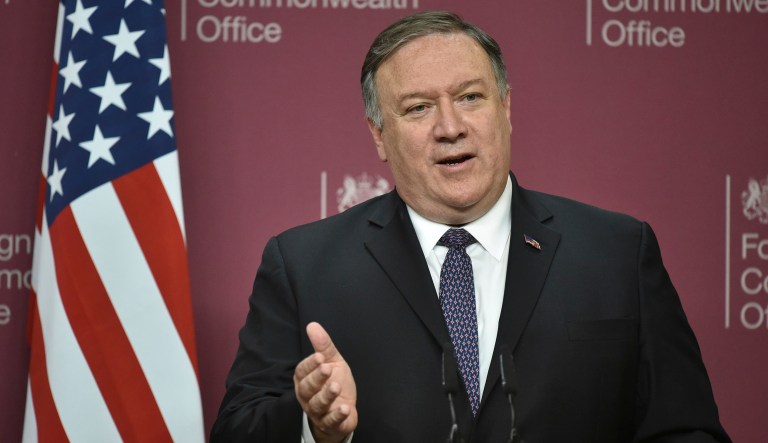 U.S. Secretary of State Mike Pompeo, right, speaks at a joint press conference with Britain's Foreign Secretary Jeremy Hunt at the Foreign Office in central London.
