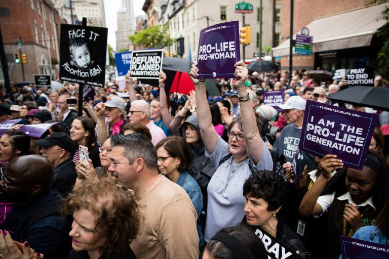 Anti-abortion protesters rally near a Planned Parenthood clinic in Philadelphia.