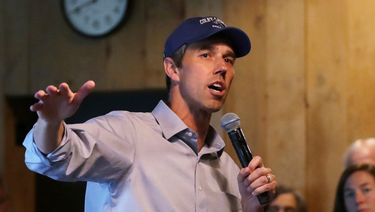 Democratic presidential candidate Beto O'Rourke gestures during a campaign stop.