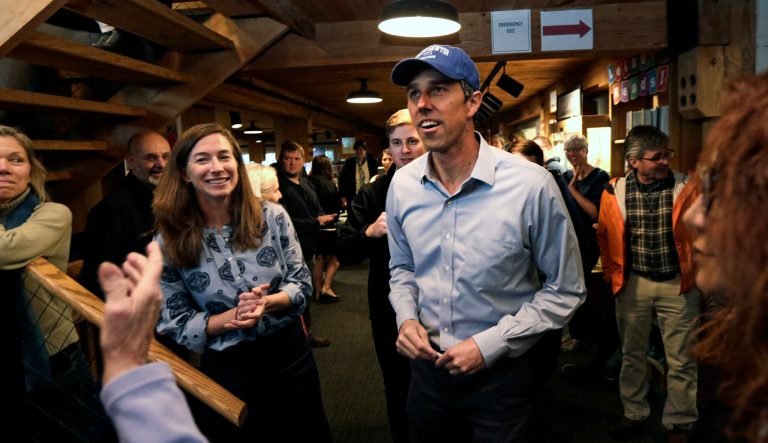 Democratic presidential candidate and former Texas Congressman Beto O'Rourke smiles as he arrives with his wife Amy for a campaign stop at Colby-Sawyer College in New London, N.H., Friday, May 10, 2019. 