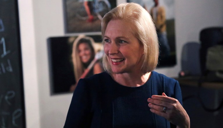 Democratic presidential candidate Sen. Kirsten Gillibrand, D-N.Y., smiles during a campaign stop at a coffee shop in Derry, N.H., Friday, May 10, 2019.