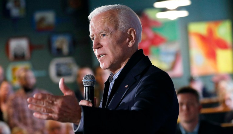 Former vice president and Democratic presidential candidate Joe Biden speaks during a campaign stop.