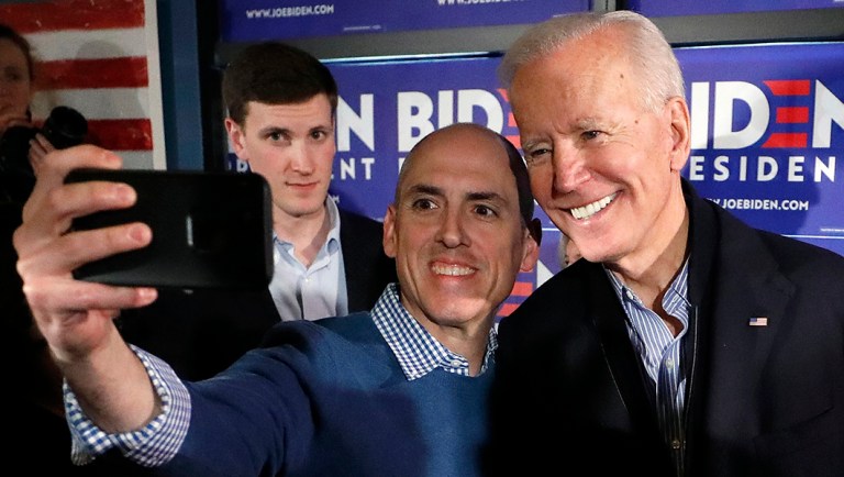 Former vice president and Democratic presidential candidate Joe Biden takes a selfie.