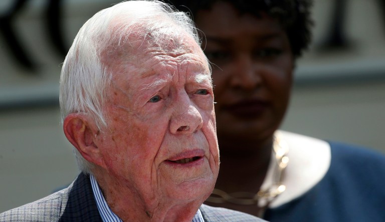 Former President Jimmy Carter speaks during a news conference, in Plains, Ga.
