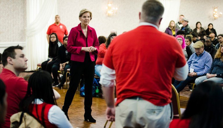 Democratic presidential candidate Sen. Elizabeth Warren, D-Mass., listens to a question during an American Federation of Teachers town hall event, at the Plumbers Local 690 Union Hall in Philadelphia, Monday, May 13, 2019.