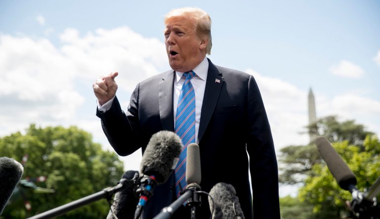 President Donald Trump speaks to members of the media on the South Lawn of the White House in Washington, Tuesday, May 14, 2019, before boarding Marine One for a short trip to Andrews Air Force Base, Md., to travel to Louisiana. 