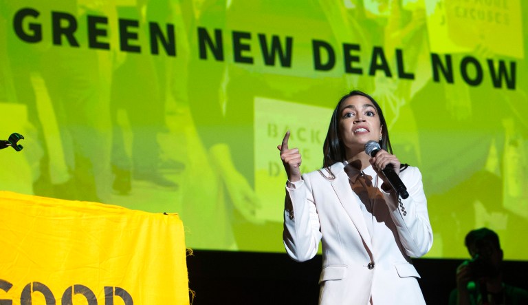 Rep. Alexandria Ocasio-Cortez, D-New York, addresses The Road to the Green New Deal Tour final event at Howard University in Washington on May 13, 2019.