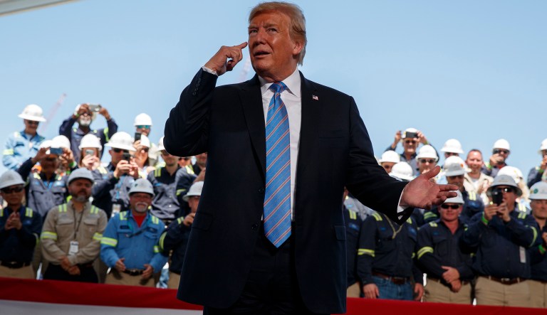 President Donald Trump arrives to speak on energy infrastructure at the Cameron LNG export facility, Tuesday, May 14, 2019, in Hackberry, La.