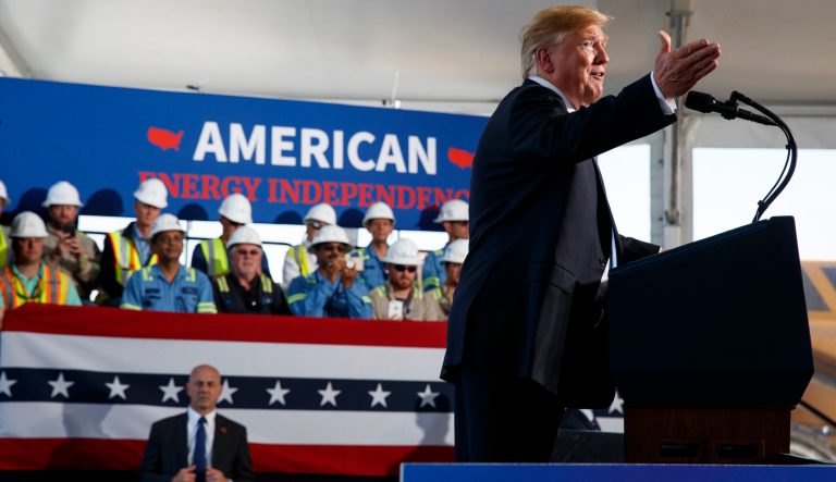 President Donald Trump speaks during an event on energy infrastructure at the Cameron LNG export facility, Tuesday, May 14, 2019, in Hackberry, La. 