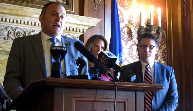 Wisconsin Democratic Assembly Minority Leader Gordon Hintz speaks against a Republican-backed "born alive" abortion bill as fellow Democrats, left to right, Rep. Chris Taylor and Rep. Evan Goyke, watch Wednesday, May 15, 2019, in Madison, Wis.