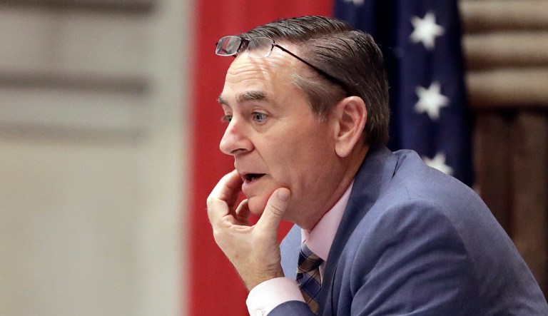 House Speaker Glen Casada, R-Franklin, stands at the microphone during a state House session in Nashville, Tenn. 