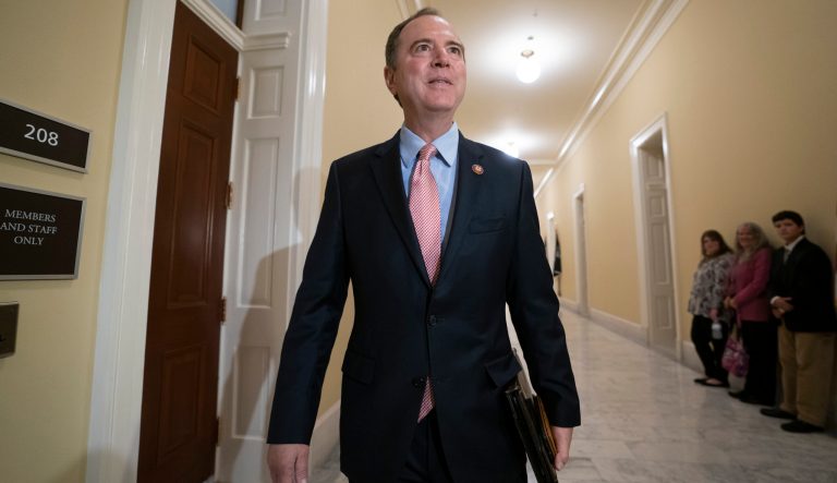 House Intelligence Committee Chairman Adam Schiff, D-Calif., responds to reporters as he arrives for a hearing on China, at the Capitol in Washington, Thursday, May 16, 2019. 