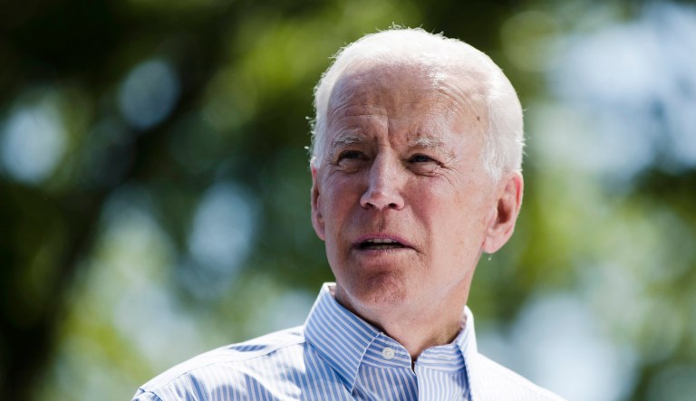 Democratic presidential candidate Joe Biden appears at a campaign rally.