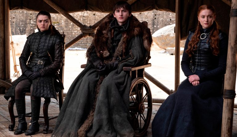 This image released by HBO shows from left to right Maisie Williams, Isaac Hempstead Wright and Sophie Turner in a scene from the final episode of "Game of Thrones," that aired Sunday, May 19, 2019. 