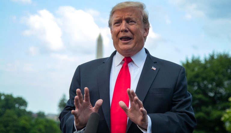 President Donald Trump speaks to reporters on the South Lawn before leaving the White House in Washington, Monday, May 20, 2019, to attend a campaign rally in Montoursville, Pa. 