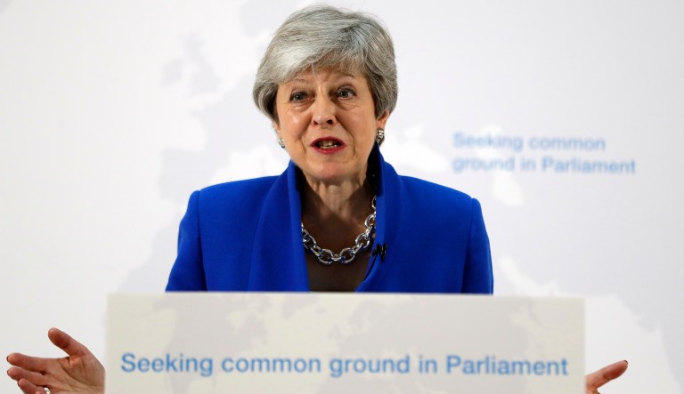 Britain's Prime Minister Theresa May delivers a speech in London, Tuesday, May 21, 2019. The British government is discussing how to tweak its proposed European Union divorce terms in a last-ditch attempt to get Parliament's backing for Prime Minister Theresa May's deal with the bloc.