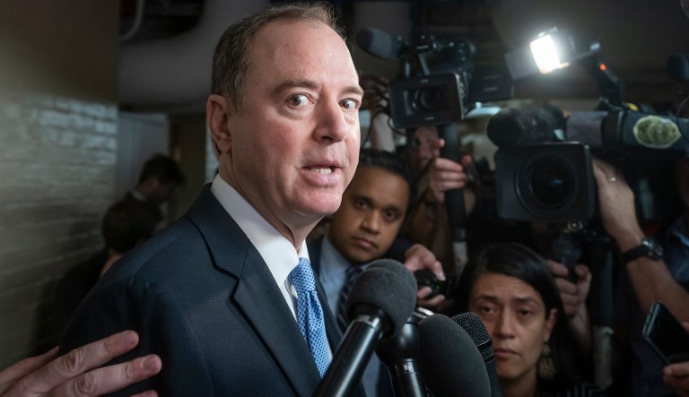 House Intelligence Committee Chairman Adam Schiff, D-Calif., speaks to reporters as Speaker of the House Nancy Pelosi, D-Calif., calls a meeting with all the House Democrats, many wanting impeachment proceedings against President Donald Trump after his latest defiance of Congress by blocking his former White House lawyer from testifying yesterday, at the Capitol in Washington, Wednesday, May 22, 2019.