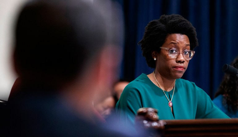 House Homeland Security Committee member Rep. Lauren Underwood, D-Ill., looks to Acting Secretary of Homeland Security Kevin McAleenan as he testifies on Capitol Hill in D.C.