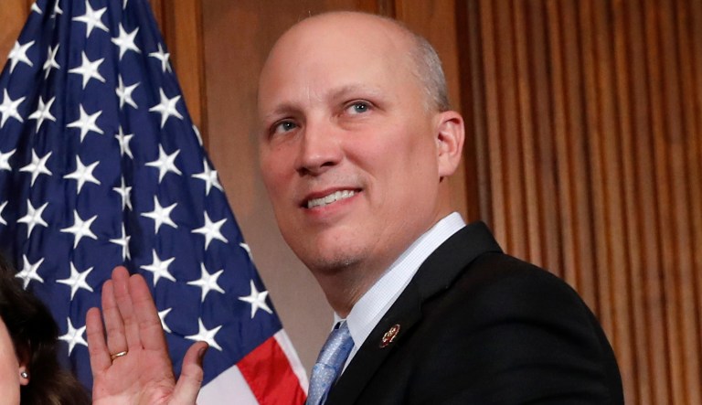 FILE - In this Jan. 3, 20-19, file photo, House Speaker Nancy Pelosi of Calif., left, poses during a ceremonial swearing-in with Rep. Chip Roy, R-Texas, right, on Capitol Hill in Washington. Roy, complaining of Washington's free-spending ways has blocked a long-overdue $19 billion disaster aid bill. That extends a battle over hurricane and flood relief. Roy objected to speeding the measure through a nearly-empty chamber on Friday.