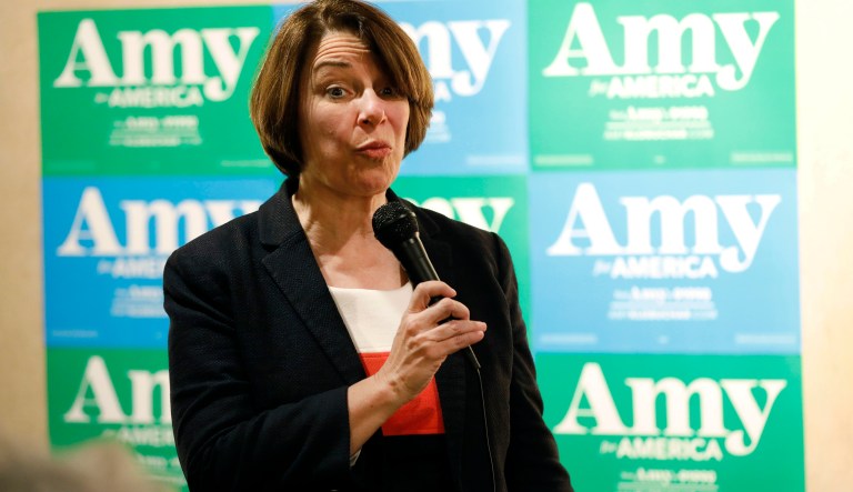 Democratic presidential candidate Sen. Amy Klobuchar, D-Minn., speaks to local residents during a meet and greet at a coffee shop, Saturday, May 25, 2019, in Iowa Falls, Iowa.