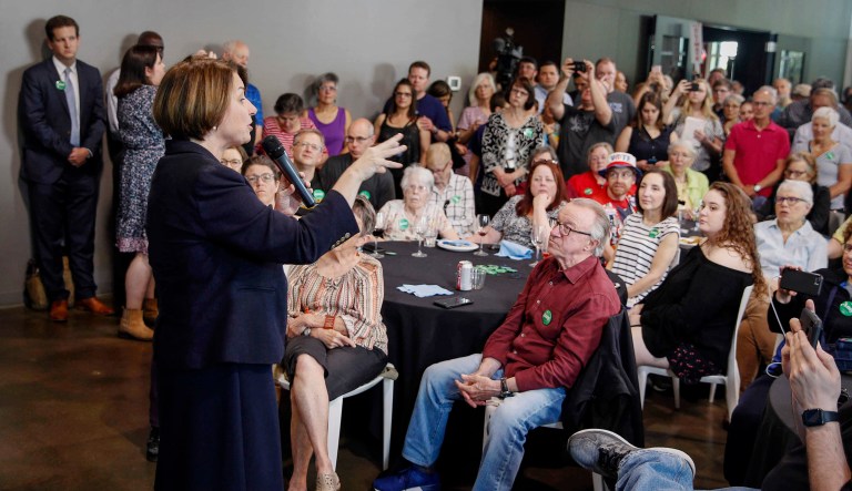 Democratic presidential candidate hopeful Sen. Amy Klobuchar, D-Minn., speaks at Jasper Winery in Des Moines, Iowa, on Saturday.